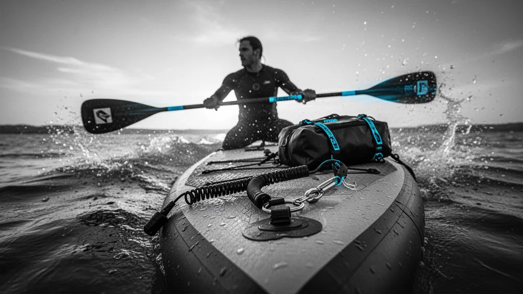 Plan rapproché d'un sac à dos contenant une pagaie démontée et un leash, posé à côté d'un paddle gonflable sur une plage