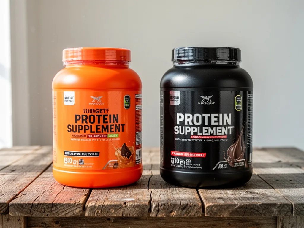 Two protein supplement tubs facing each other on a rustic wooden table, one bright orange budget tub, one sleek black pr