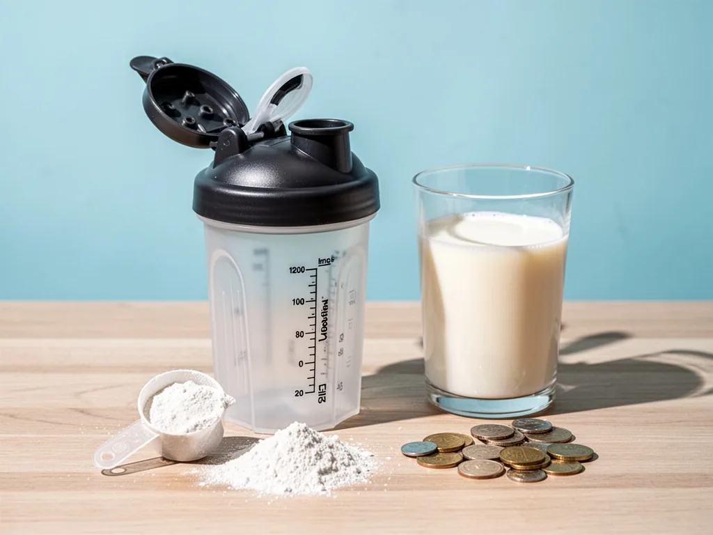 An open protein shaker with a measuring scoop of white powder beside a glass of milk and a small pile of coins, sharp sh
