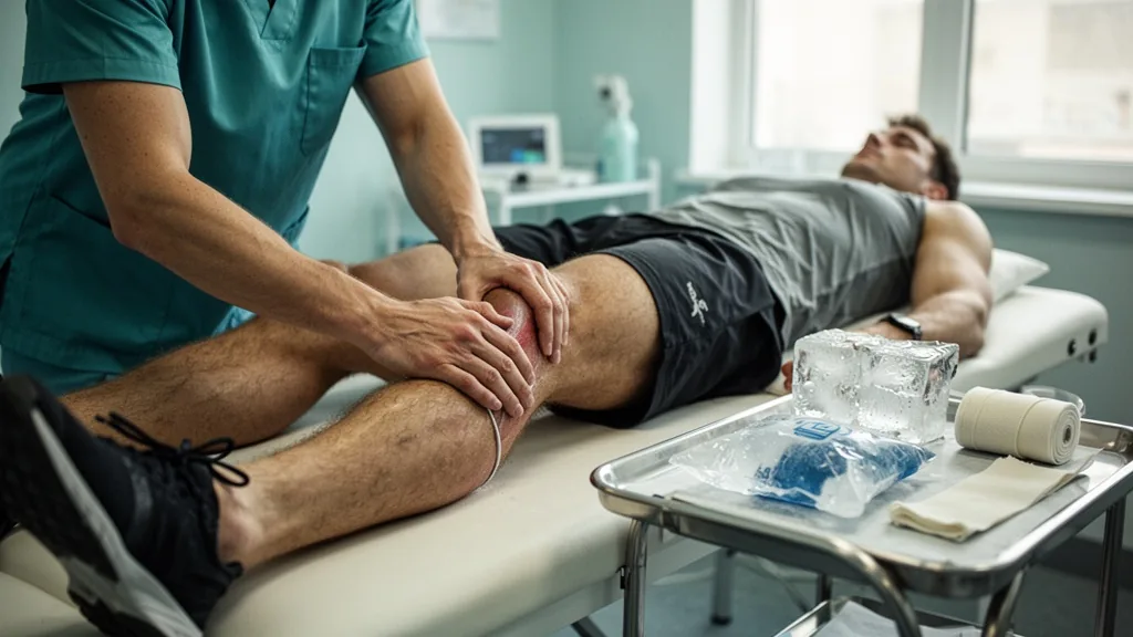 Kinésithérapeute examinant le mollet d'un coureur allongé sur une table de soin, poche de glace posée à côté.