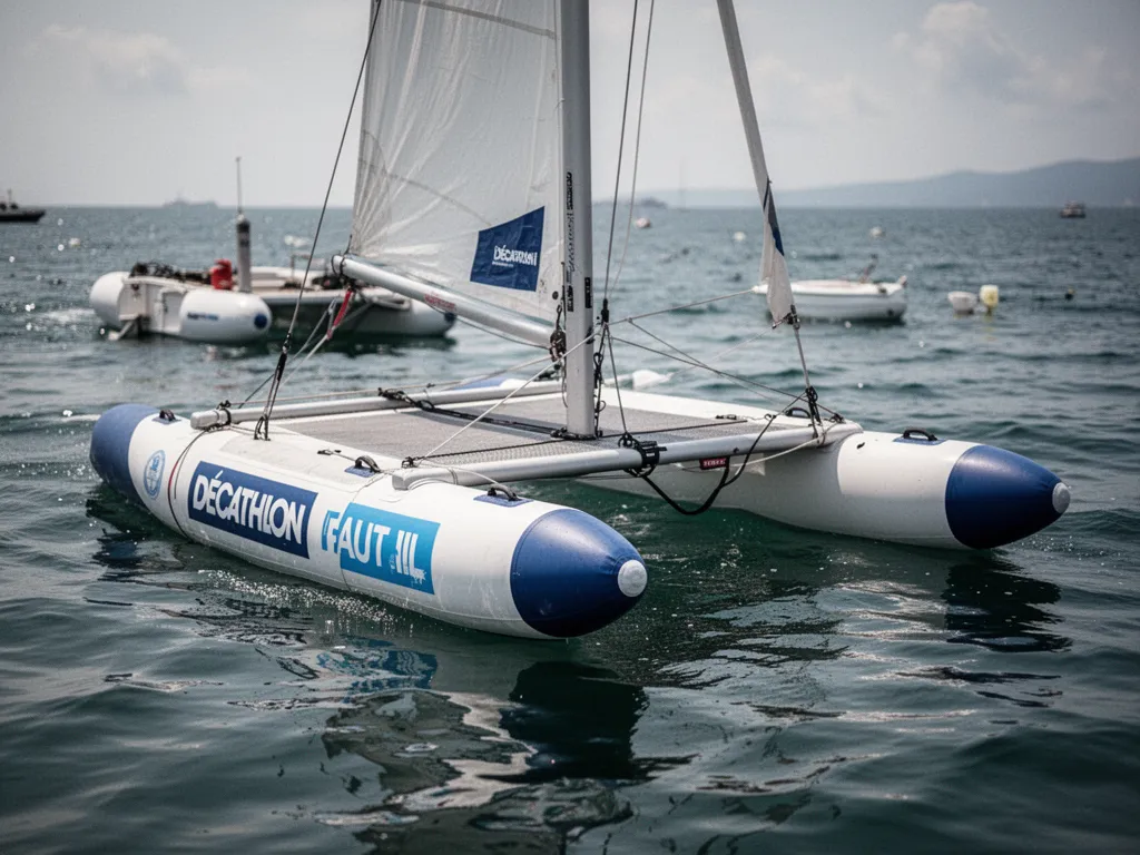 Un catamaran gonflable monté sur une plage, voile hissée, avec deux flotteurs et un plancher au bord de l’eau