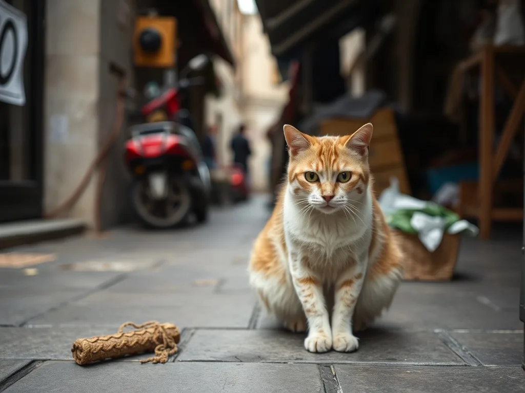 Un chat tigré observe un bac à litière propre rempli de granulés, dans une pièce calme et lumineuse.