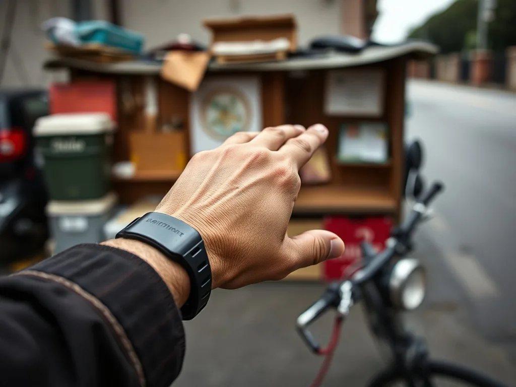 Un hand grip à ressort tenu dans une main, les doigts serrés sur les poignées, posé sur une table en bois, avec un carnet d'entraînement ouvert à côté.