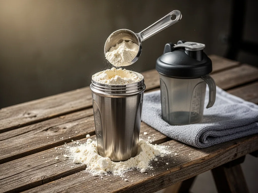 A stainless steel scoop lifting creamy vanilla protein powder above an open shaker bottle, scattered on a rustic wooden