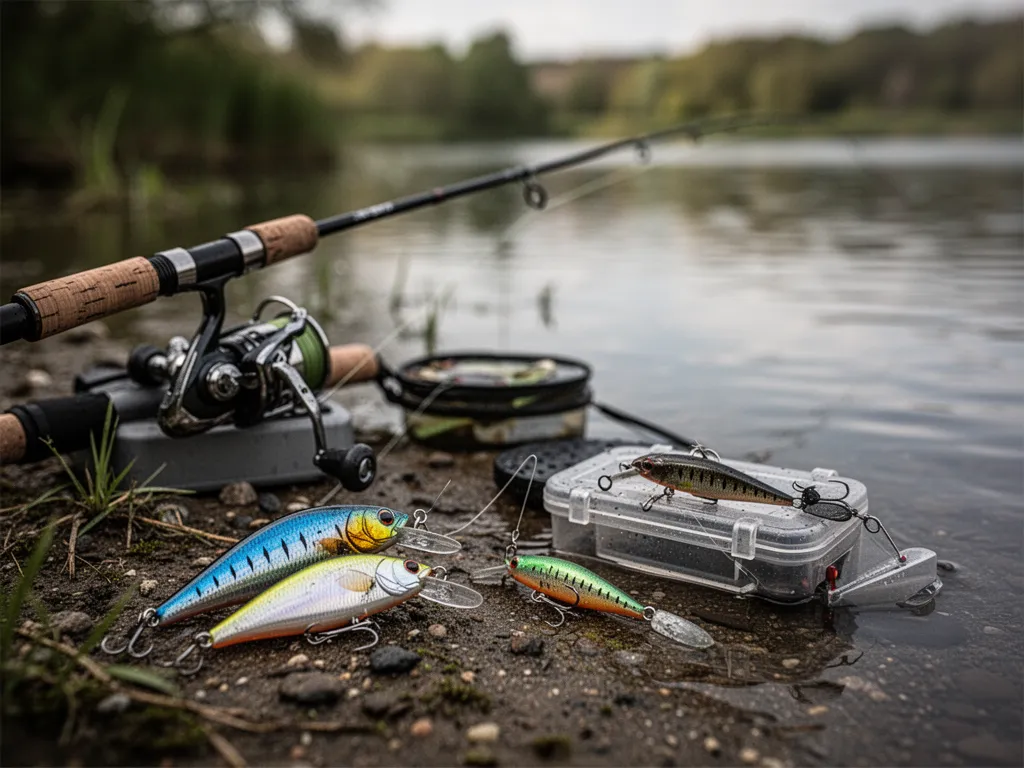 Un pêcheur lance un leurre souple depuis une berge de rivière, canne en main, au lever du jour