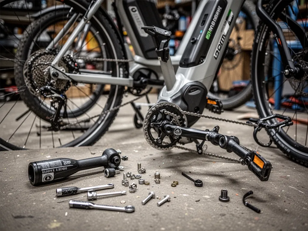 Un moteur de vélo électrique Bosch Performance Line vu de près, avec câbles et capteur de vitesse sur la base arrière