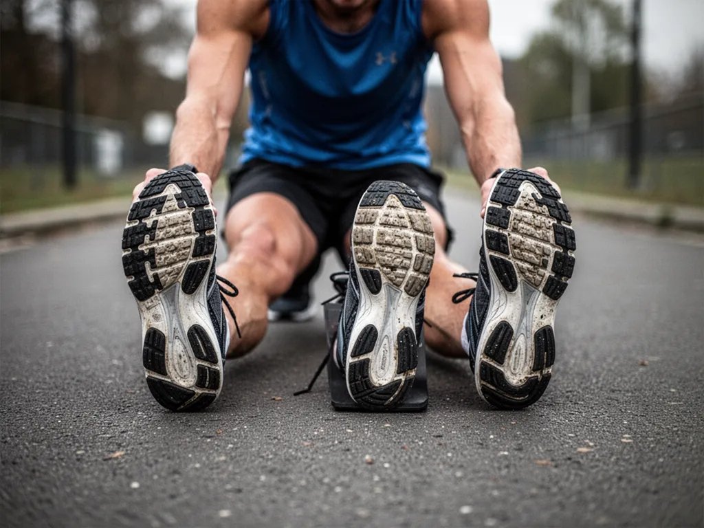 Coureuse en tenue de running qui étire son mollet contre un banc après une sortie