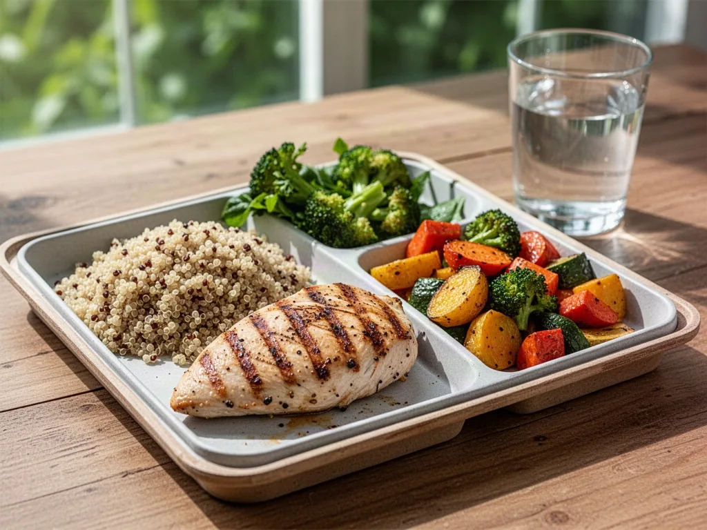 A lunch tray with grilled chicken breast, quinoa, colorful roasted vegetables, and a glass of water, arranged on a woode