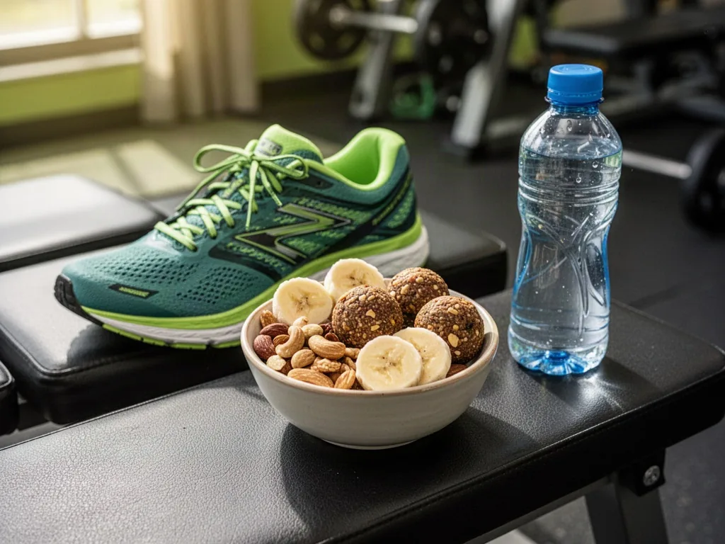 A small bowl of mixed nuts, banana slices, and energy bites on a gym bench next to a running shoe and water bottle, soft