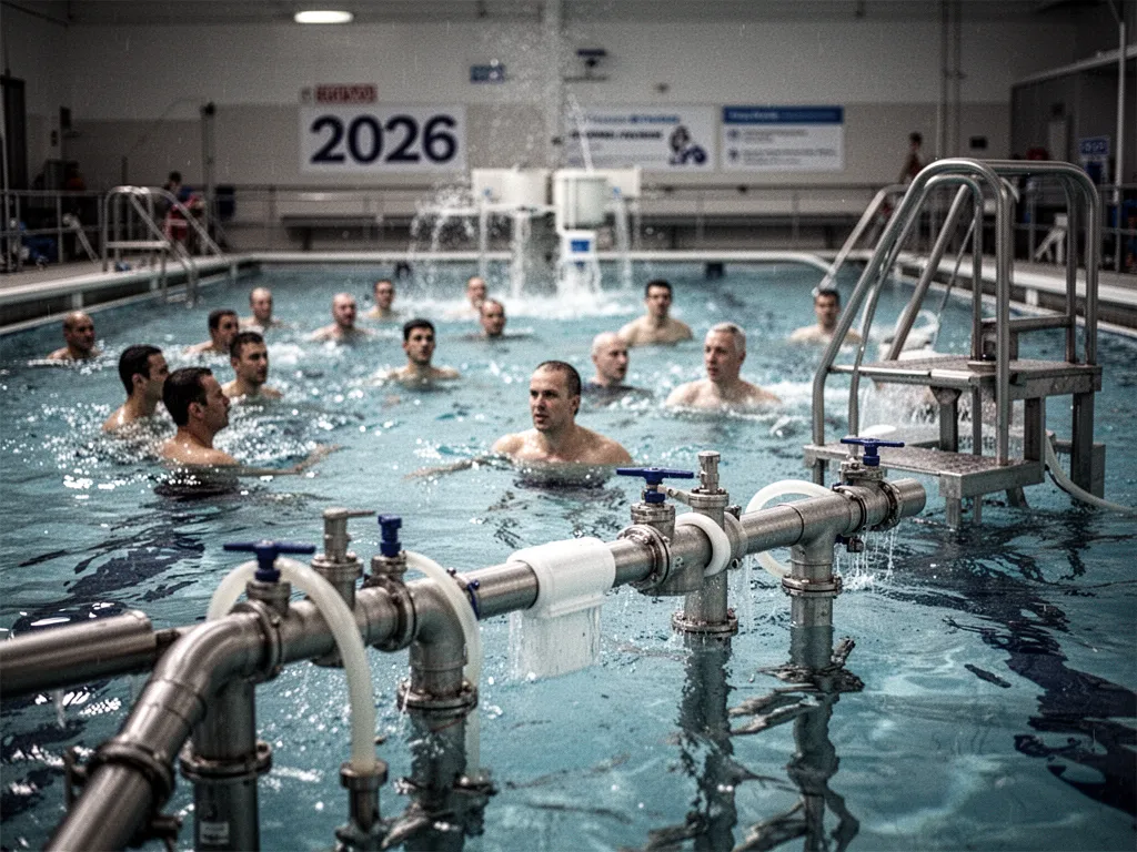 Un local technique de piscine avec une pompe, un filtre et des raccords de tuyauterie près du bassin