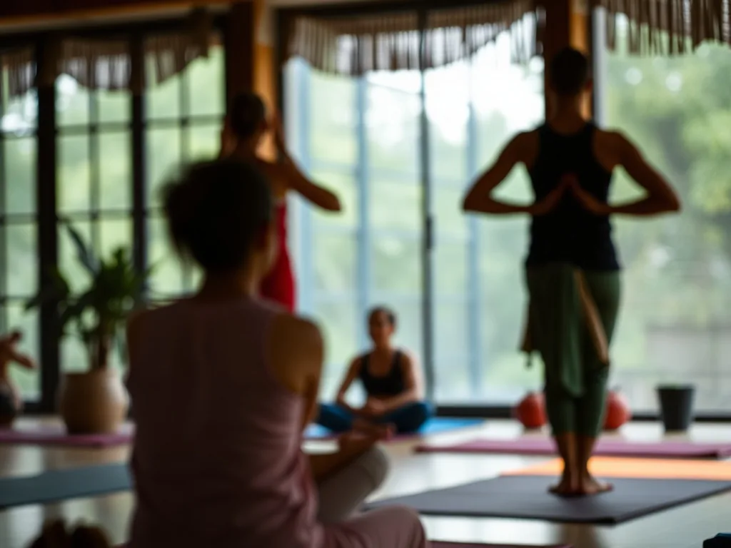 Salle de yoga Iyengar à Paris avec des élèves en Tadasana, briques et sangles au sol, un professeur ajuste l'alignement d'un élève.