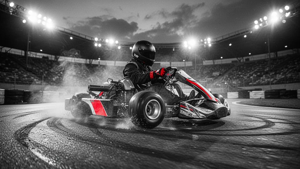 Pilote en combinaison près d'un kart sur une piste couverte, casque sous le bras, ambiance sportive