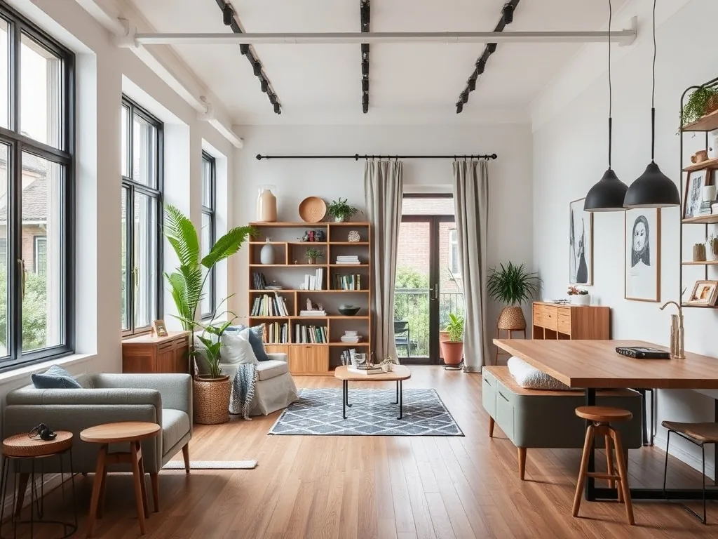 Un intérieur moderne lumineux avec canapé, table basse et étagères, évoquant l'aménagement d'une maison.