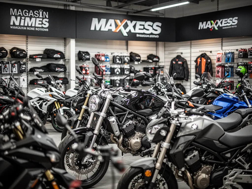 Un magasin d’équipements moto avec casques alignés sur un mur, blousons suspendus et un client en train d’essayer des gants