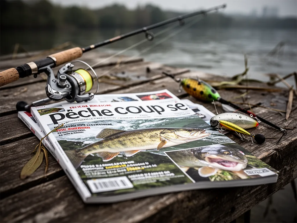 Un pêcheur assis au bord d'un plan d'eau, canne au coup installée, en train de feuilleter un magazine spécialisé