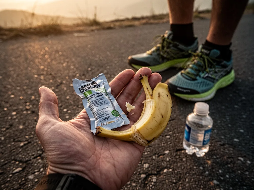 An open palm holding a torn energy gel packet and a half banana, running shoes on asphalt beside a small water bottle, w