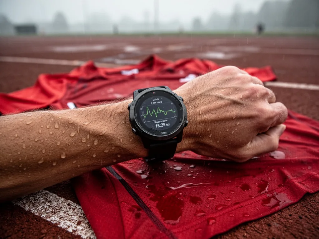 A sports watch strapped to a sweaty wrist displaying a calm low heart rate, while a soaked red running shirt lies on a t