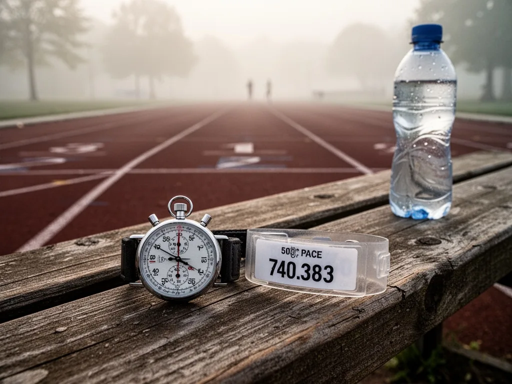 A well-used stopwatch and laminated pace wristband placed on a wooden bench, a running track with lane markers receding