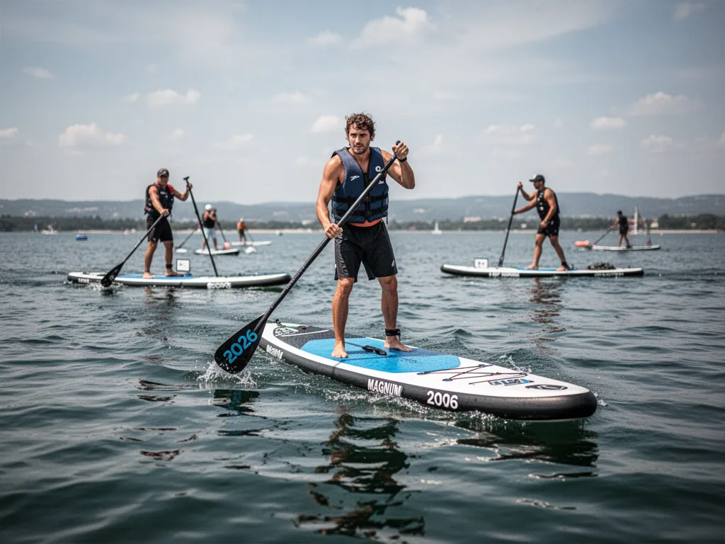 Une personne debout sur un paddle gonflable au calme sur un lac, pagaie en main, avec des montagnes en arrière-plan