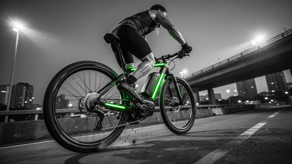 Gros plan sur un moteur de vélo électrique monté sur la roue arrière, arrière-plan urbain flou