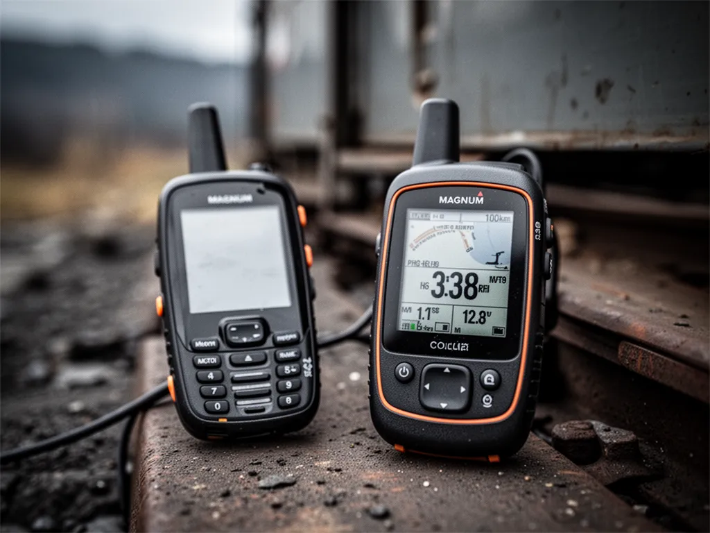 Un collier GPS Garmin fixé à un chien de chasse, avec un écran d’appareil portable affichant une position GPS instable, en extérieur boisé.