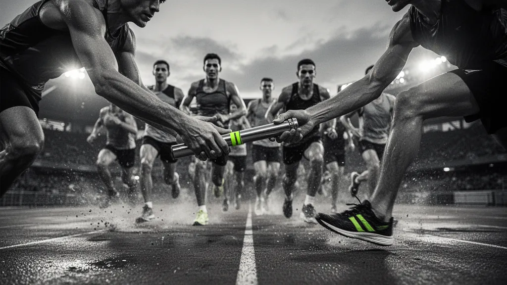 Une équipe sur le terrain, joueurs en mouvement, concentration et interaction visibles