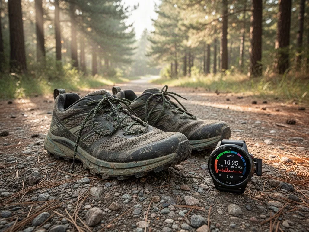 A pair of worn trail running shoes on a gravel path beside a small sports watch showing heart rate, dappled morning sunl