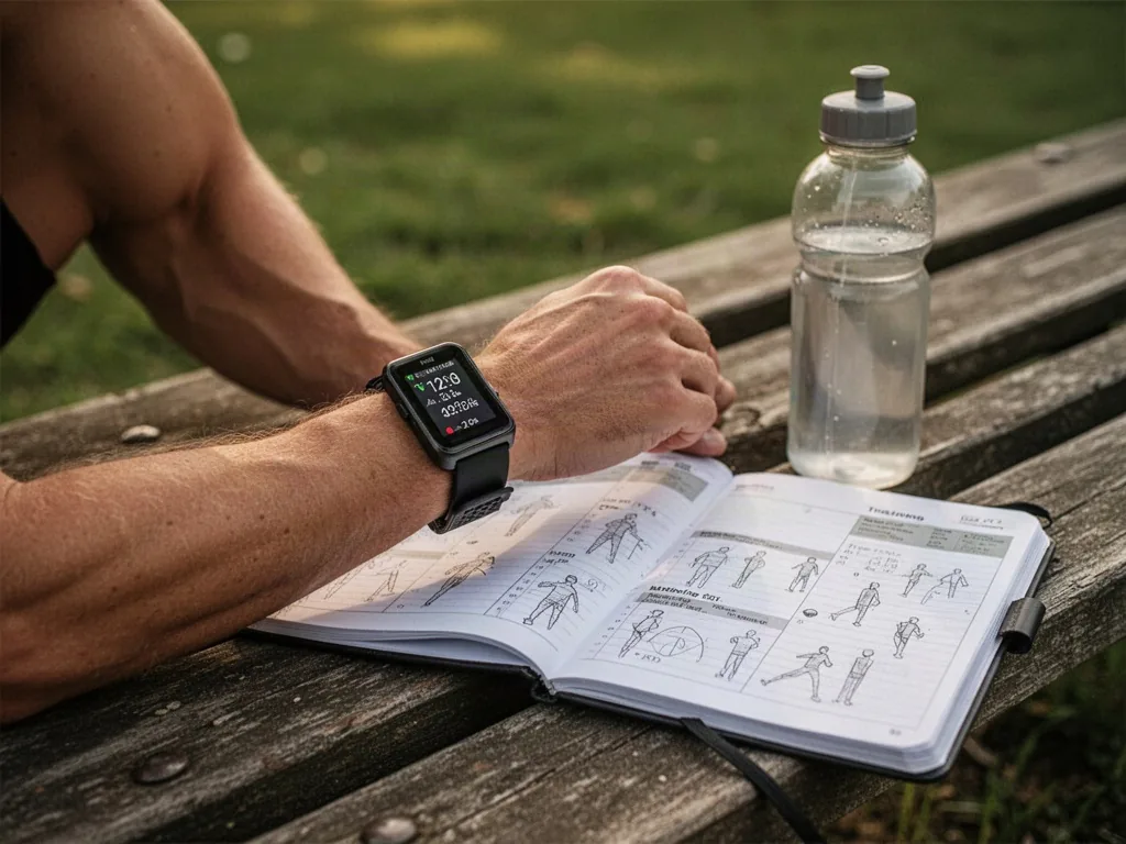 A runner's forearm with a heart-rate monitor strap resting on a wooden bench next to an open training journal and a wate