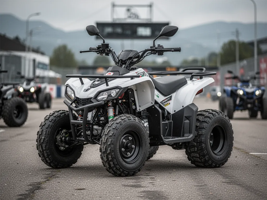 Un quad électrique adulte tout-terrain sur un chemin forestier, casque posé sur le guidon, sous une lumière de fin d'après-midi.