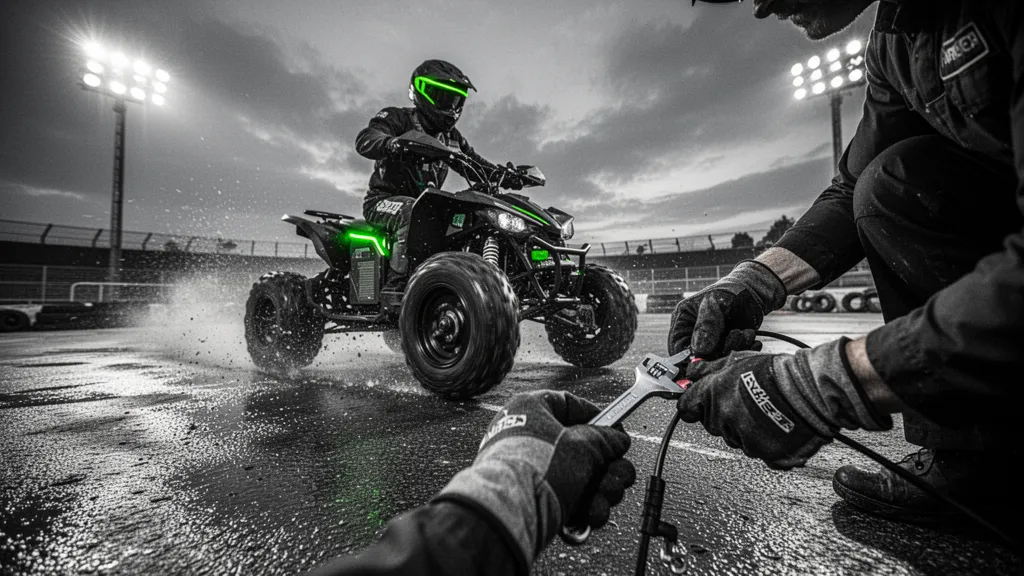 Un quad électrique tout-terrain garé au bord d'un sentier, casque posé sur le guidon