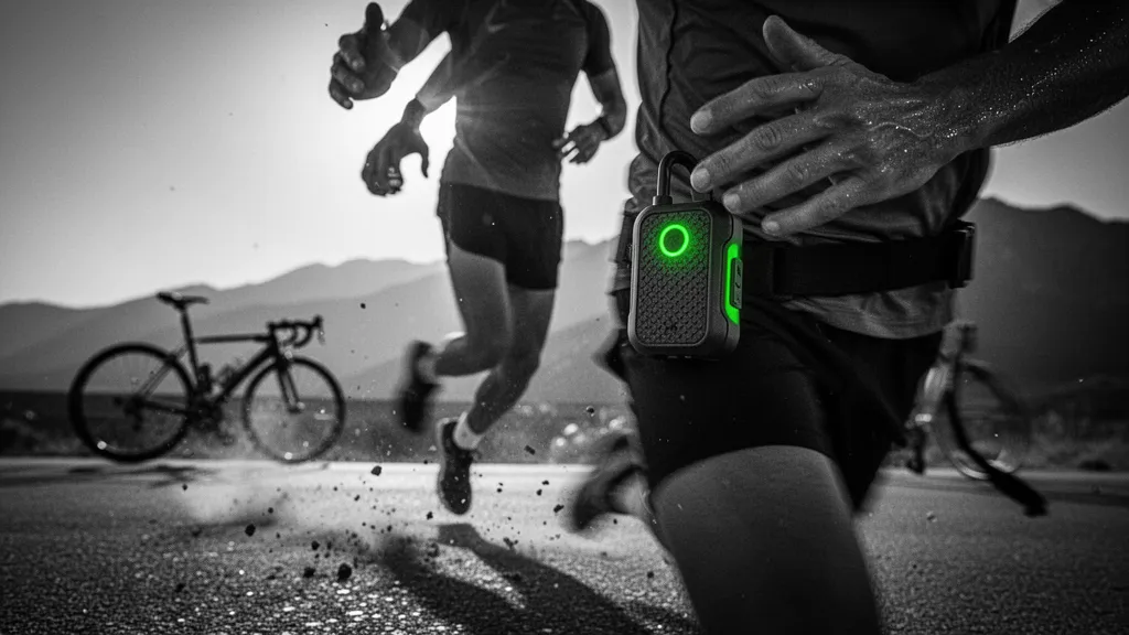 Main tenant un petit traceur GPS sur fond de paysage de montagne au crépuscule