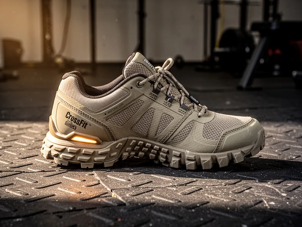 A rugged CrossFit training shoe with pronounced tread sole, viewed from the side, resting on a rough rubber gym mat, dra