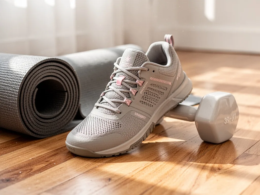 A neutral-toned CrossFit shoe with a subtle pink accent lacing, standing on a wooden floor between a rolled yoga mat and