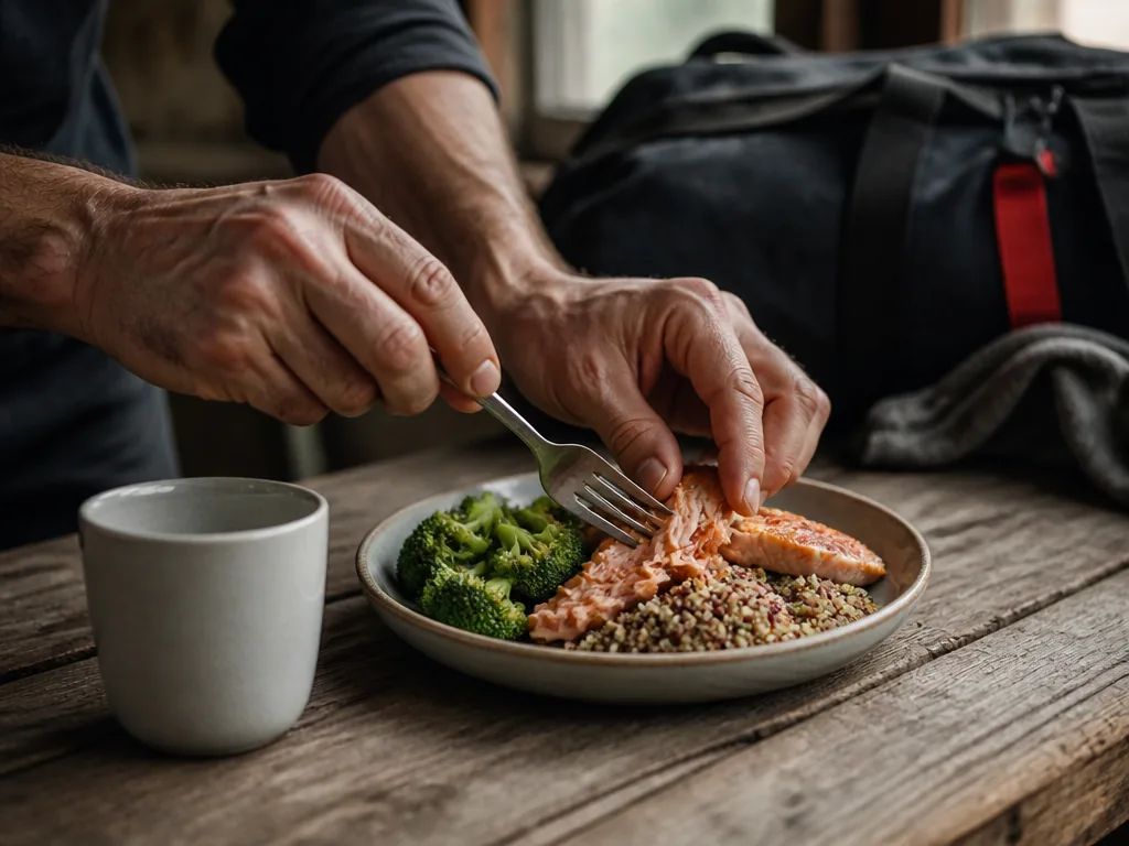 Photorealistic editorial photograph: close-up of weathered hands portioning salmon, quinoa, and broccoli into a ceramic
