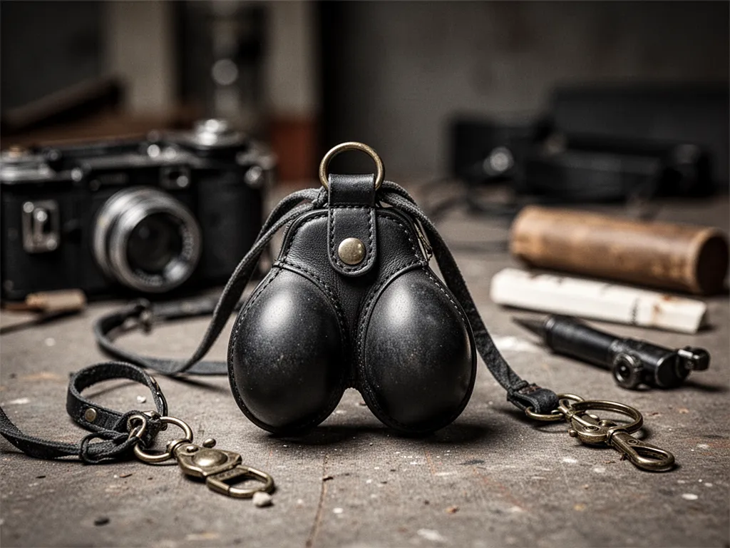 Un sac à dos fantaisie suspendu, avec une forme anatomique humoristique évoquant un scrotum