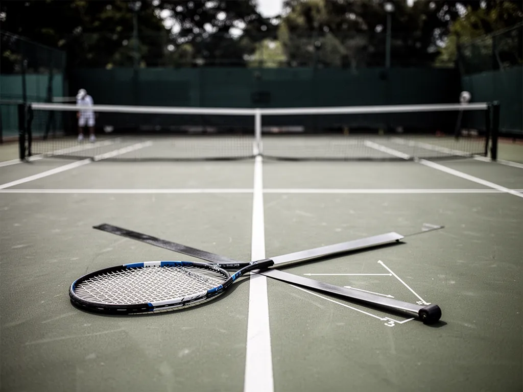 Un filet de tennis tendu au milieu d'un court extérieur, avec la bande blanche bien visible et les poteaux de chaque côté