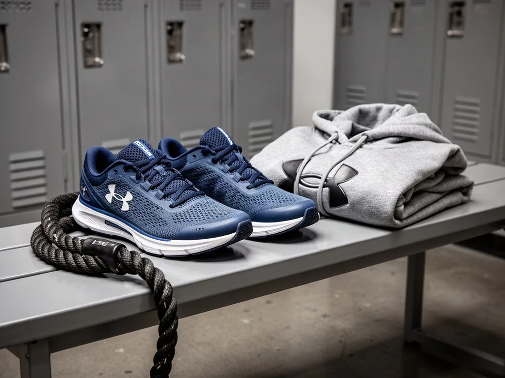 Under Armour running shoes, a training rope, and a folded hoodie arranged on a grey locker room bench, soft daylight