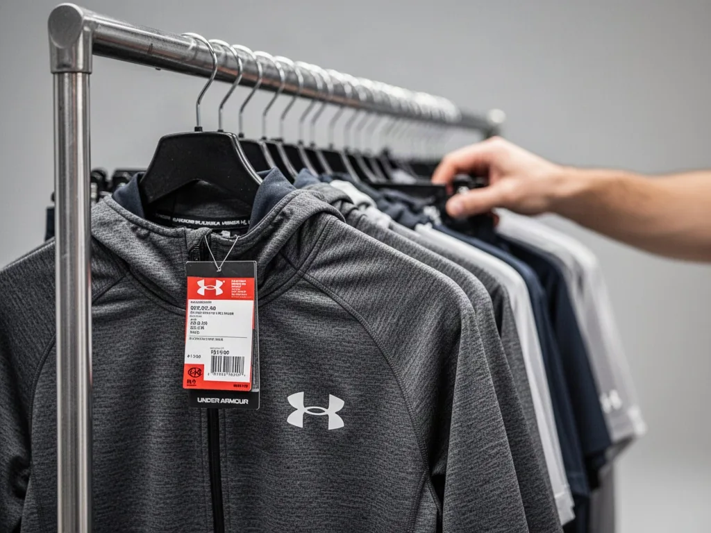 A price tag attached to an Under Armour jacket on a retail rack, a blurred hand reaching for a shirt, bright store light
