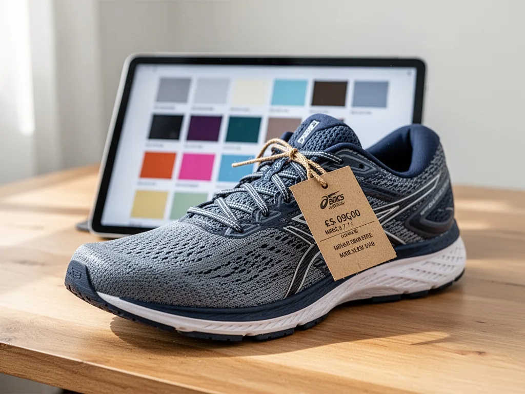 A custom running shoe with a paper price tag tied to its laces, a tablet displaying color swatches behind, on a wooden d