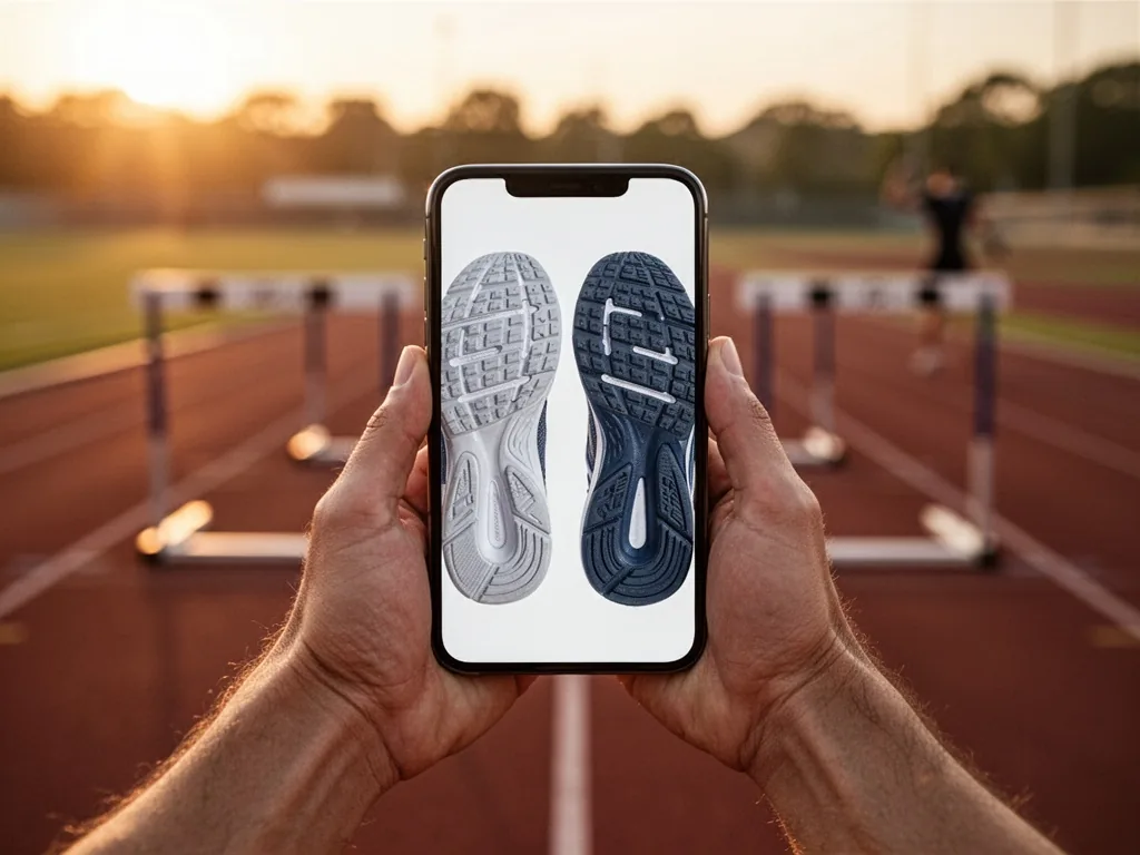 A runner's hands holding a smartphone displaying two shoe sole designs side by side, blurred running track and starting 