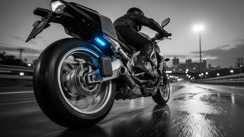 Gros plan sur une moto garée, un traceur GPS fixé sous la selle