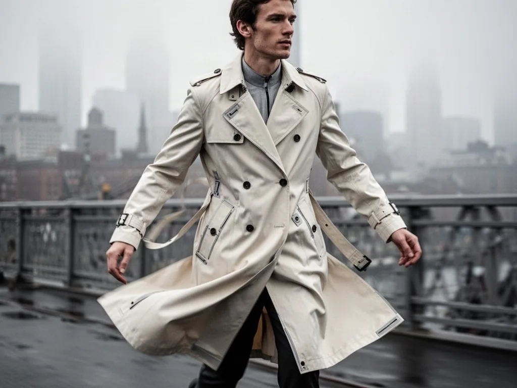 A high-tech trench coat in cream technical fabric with concealed seams and magnetic closures, caught mid-movement on a b