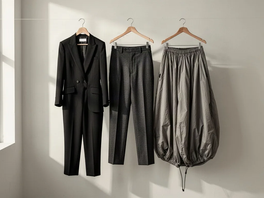 A tailored black jumpsuit, structured charcoal trousers, and a flowing parachute skirt displayed on wooden hangers again