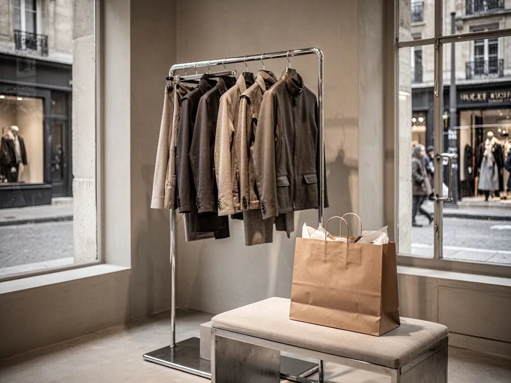 A minimalist boutique interior with a chrome rack of technical garments and a filled paper shopping bag on a bench, warm