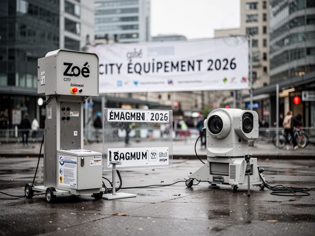 Une Renault Zoé blanche garée en ville, vue trois quarts avant, avec bornes de recharge et immeubles en arrière-plan